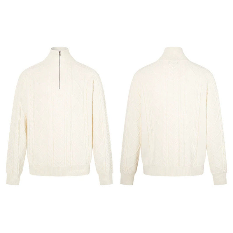 Women's Cable Knit Pullover with Short Zipper and Stand-Up Collar Mune Fashion