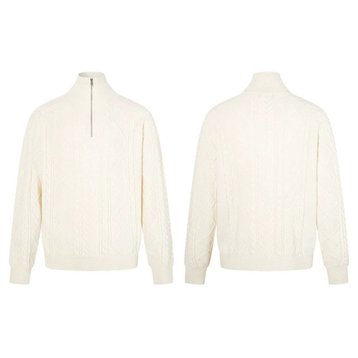 Women's Cable Knit Pullover with Short Zipper and Stand-Up Collar Mune Fashion