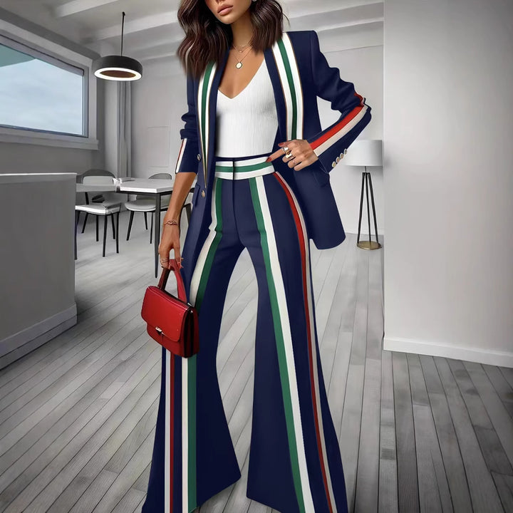 Ladies Elegant Blazer-Pants Set with Side Contrast Stripes and Wide Flare Mune Fashion