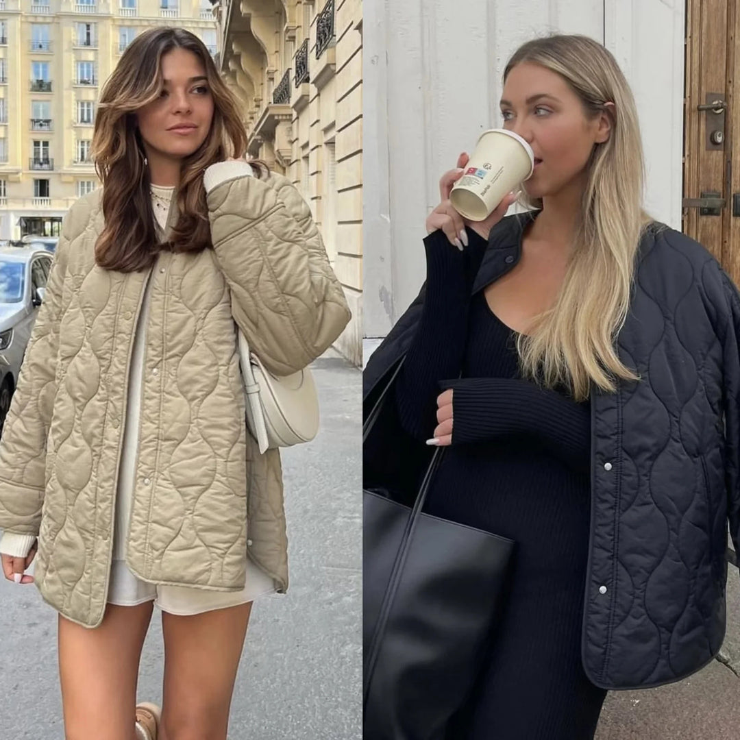 Women’s Longline Padded Jacket with Oversized Silhouette and Snap Button Closure Mune Fashion