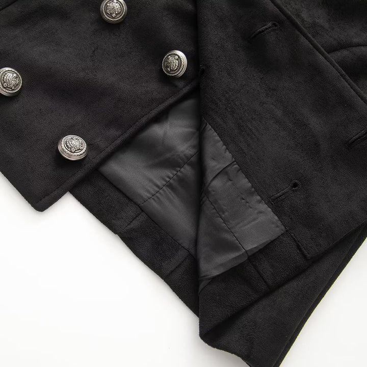 Women's short uniform-inspired jacket with high stand-up collar, double button placket and decorative cuffs Mune Fashion