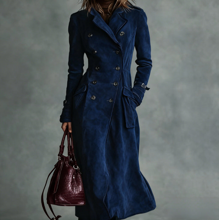 Women Longer Tailored Trench Coat in Suede Look with Double-Breasted Button Placket and Buckle Cuffs Mune Fashion