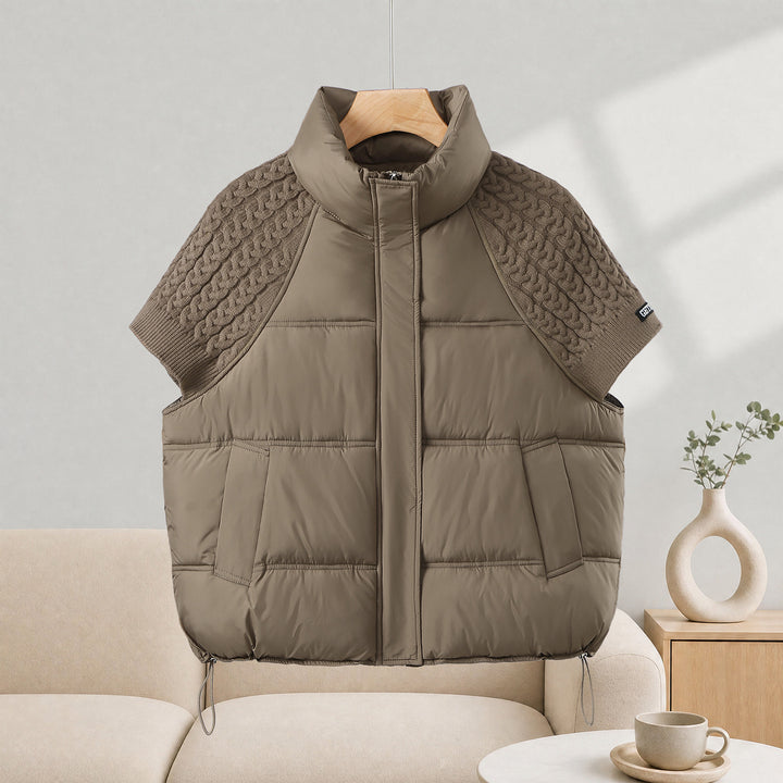 Ladies quilted vest in cape look with cable knit shoulder insert and high stand-up collar Mune Fashion