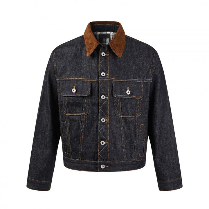 Men's Boxy Denim Jacket with Corduroy Collar and Checked Lining Mune Fashion