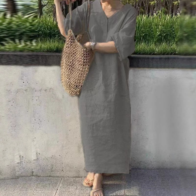Women's Casual Linen Maxi Dress with V-Neck and Oversize Relax Fit