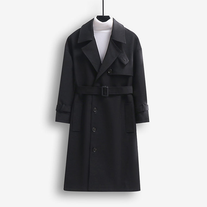 Men's trench coat in modern wool blend with belt, shawl collar, and patch pockets Mune Fashion