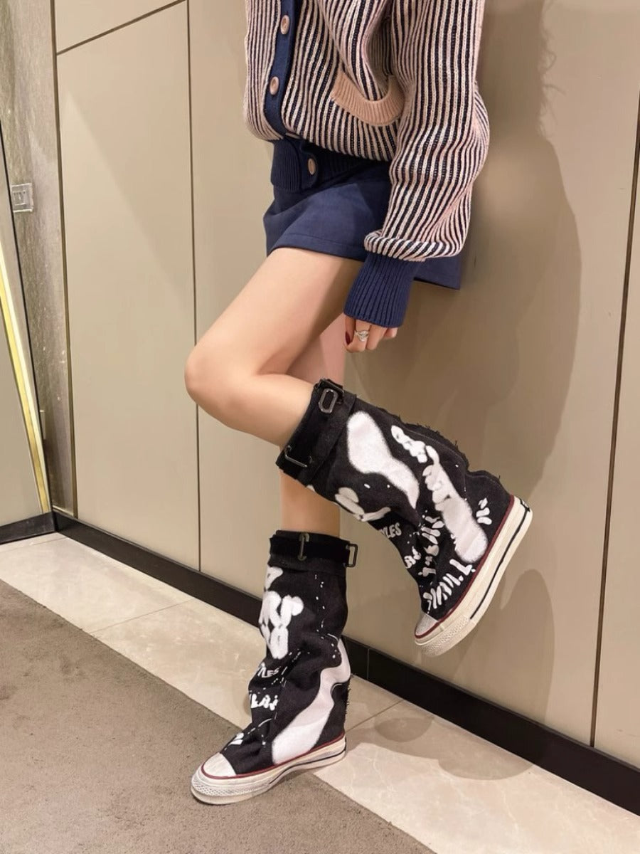 Women Casual Canvas Platform Sneakers with Split Shaft and Buckle Strap Mune Fashion