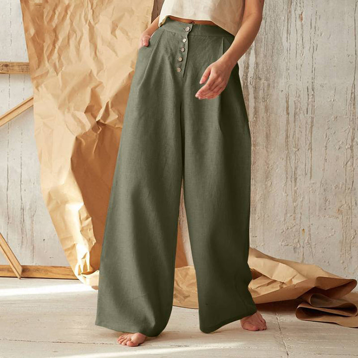 Women's wide linen pants with high waist and side pockets Mune Fashion