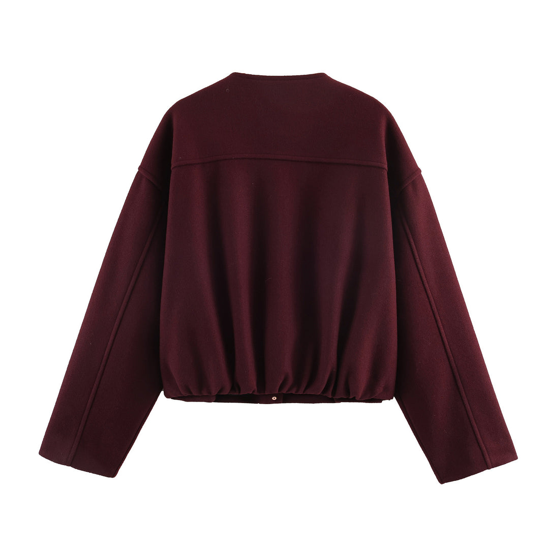 Women Short Boxy Wool Mix Jacket with Round Neck and Decorative Button Placket Mune Fashion