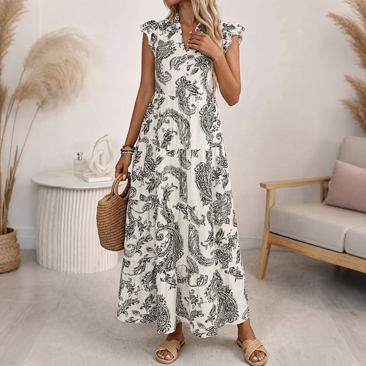Women's maxi dress with paisley print, V-neck and tiered skirt Mune Fashion