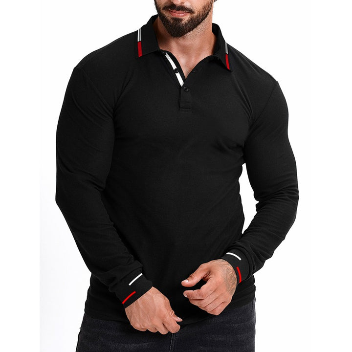 Men's Slim Fit Long Sleeve Polo Shirt with Contrast Stripes on Collar and Cuffs Mune Fashion