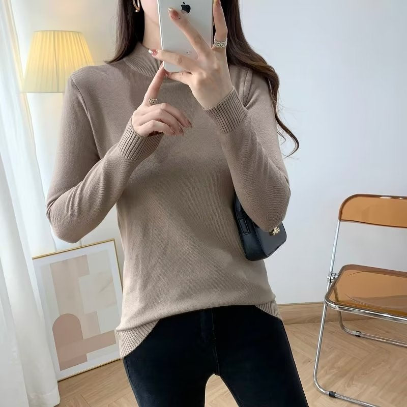 Ladies Fine Long Sleeve Fine Knit Sweater with Narrow Stand-Up Collar and Ribbed Cuffs Mune Fashion