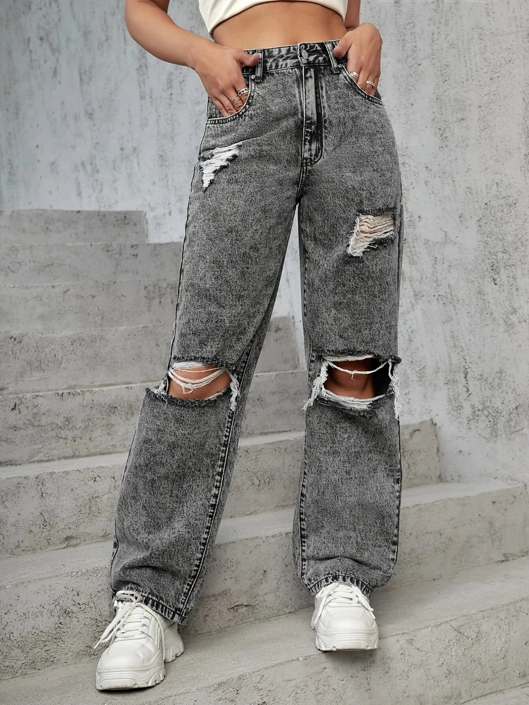 Ladies High-Waist Destroyed Wide-Leg Jeans with Knee Cutouts Mune Fashion