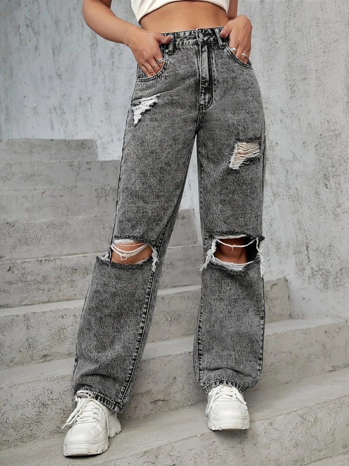 Ladies High-Waist Destroyed Wide-Leg Jeans with Knee Cutouts Mune Fashion