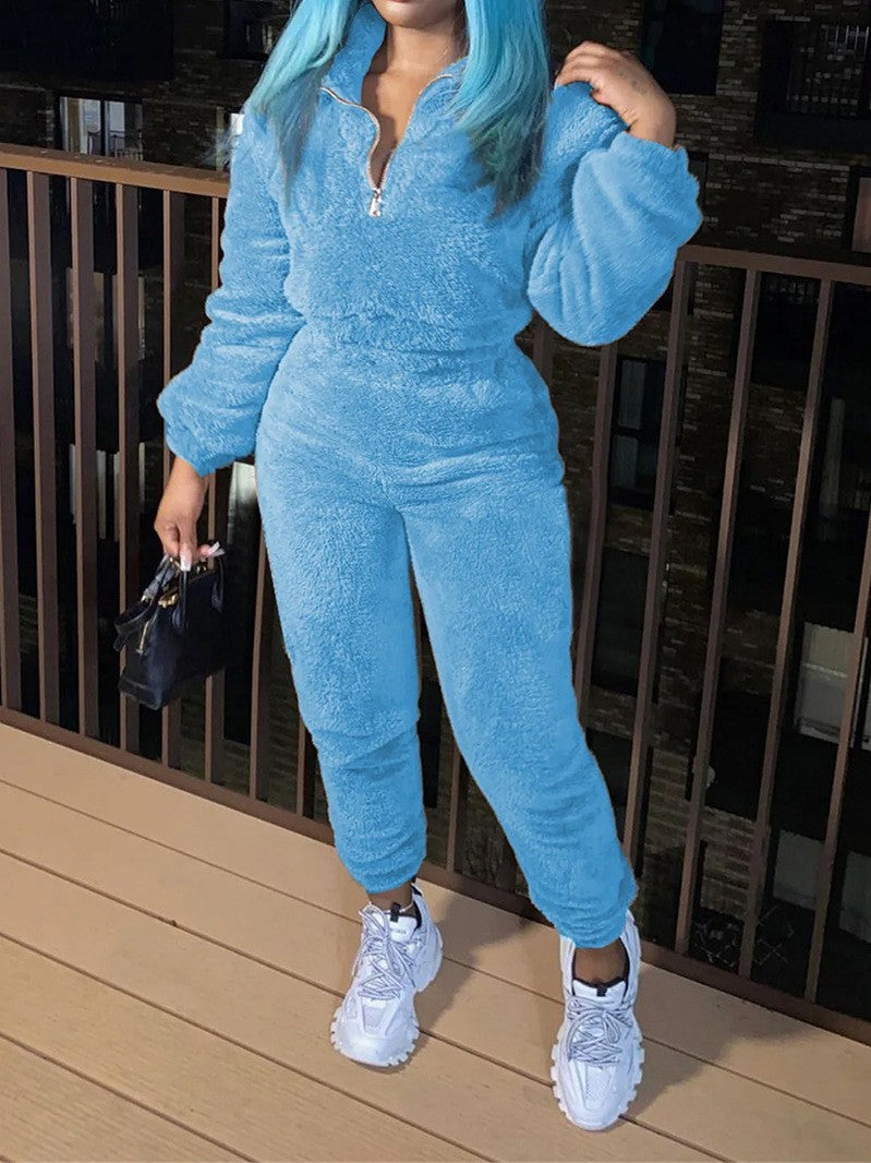 Women's cozy teddy lounge set with half zip and high-waist jogger Mune Fashion