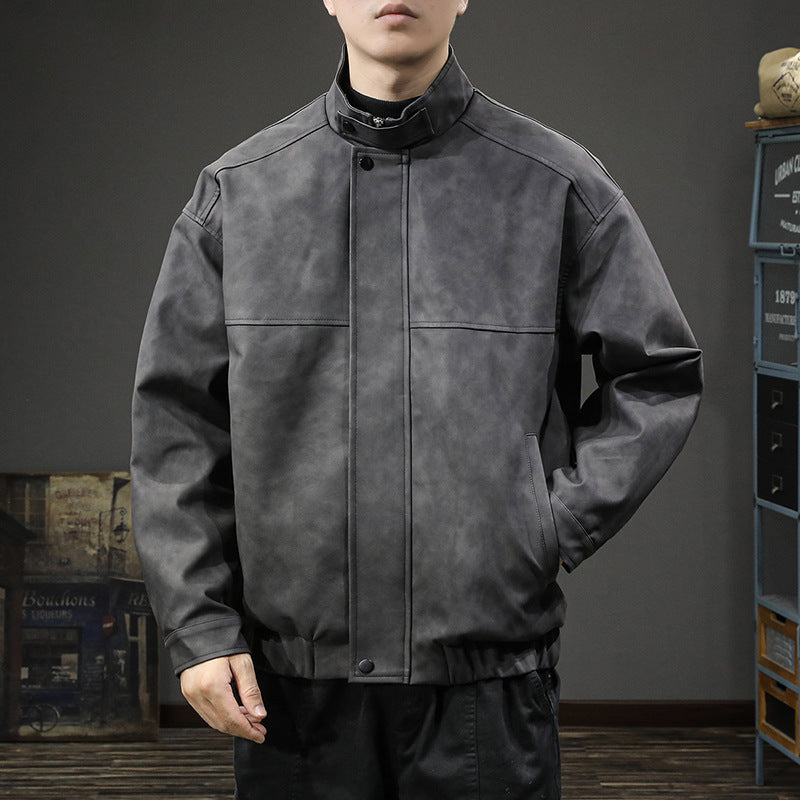 Men's Minimalist Vintage Faux Leather Bomber Jacket with Stand Collar and Concealed Snap Placket Mune Fashion