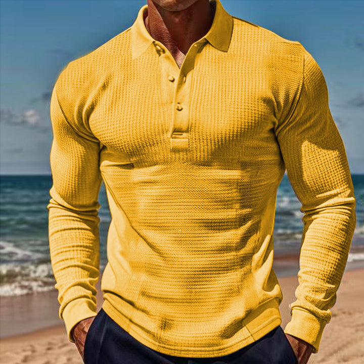 Men's form-fitting long sleeve Henley polo shirt made of fine ribbed structure Mune Fashion