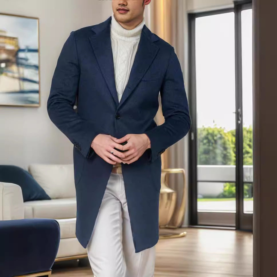Men's Long Tailored Wool Blend Coat with Subtle One-Button Placket Mune Fashion
