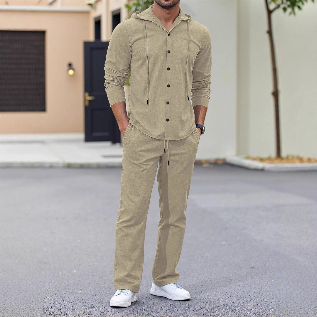 Men's casual two-piece lounge set with hoodie shirt, full button placket, and drawstring pants Mune Fashion