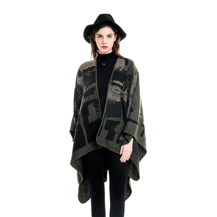 Women's oversized wrap robe made of wool blend with abstract jacquard and decorative stitch edge Mune Fashion
