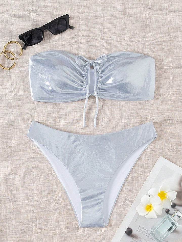 Women's bandeau bikini with shiny top and high leg cut Mune Fashion