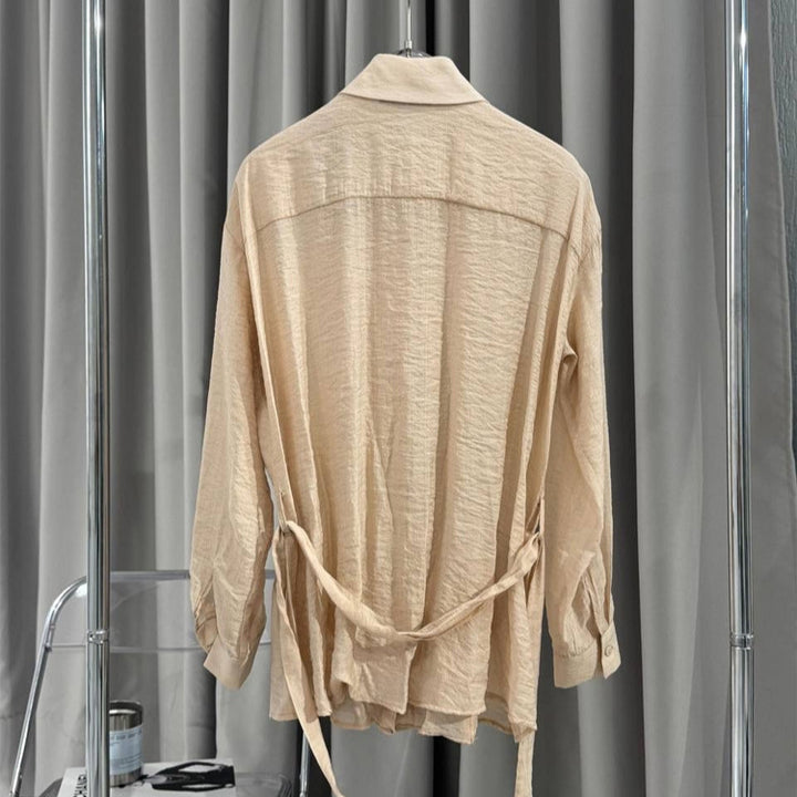 Women's Ruffled Chiffon Blouse with Ties and Ruffles Around