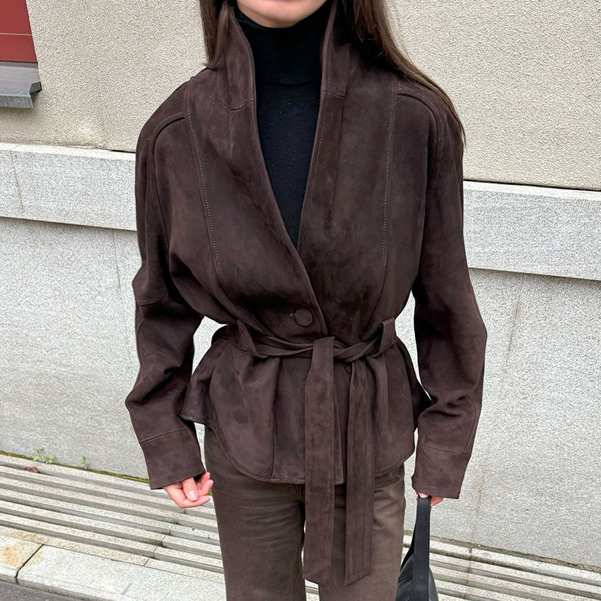Women Velvet Leather Jacket with Shawl Collar and Tie Belt Mune Fashion
