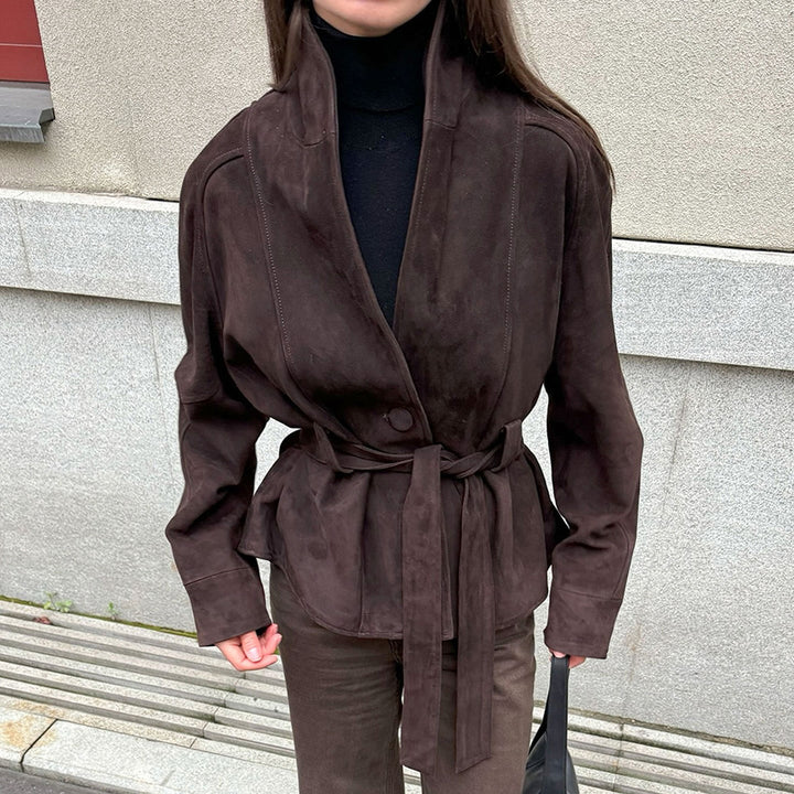 Women Velvet Leather Jacket with Shawl Collar and Tie Belt Mune Fashion