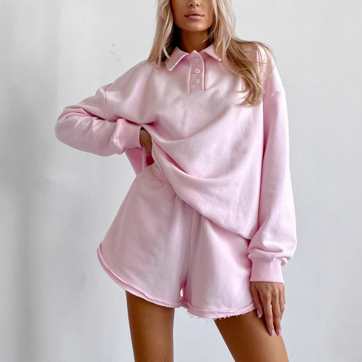 Women Polo Sweatshirt and frayed High-Waist Lounge Shorts Set Mune Fashion