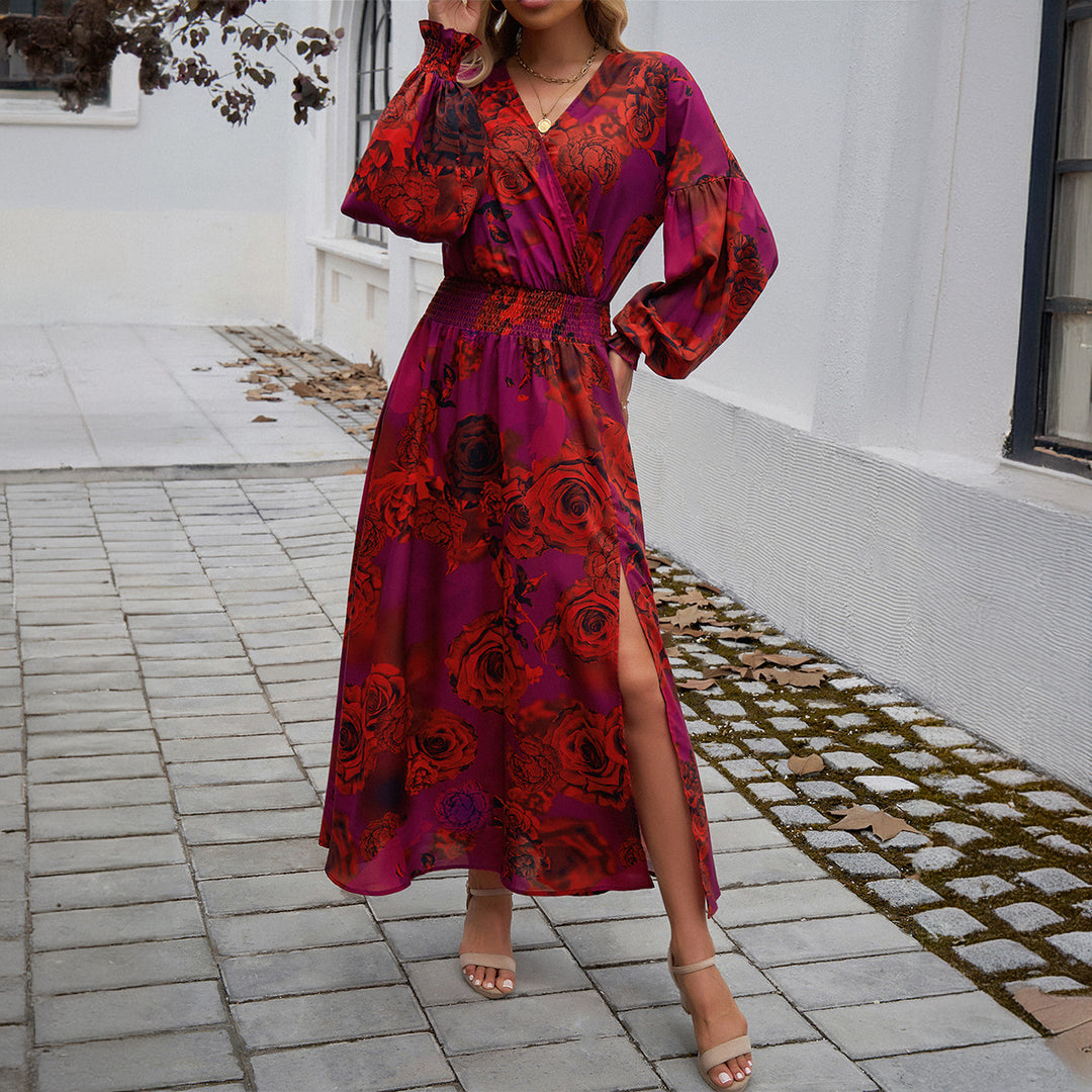Ladies' wrap midi dress with V-neck, balloon sleeves, and flattering belt Mune Fashion
