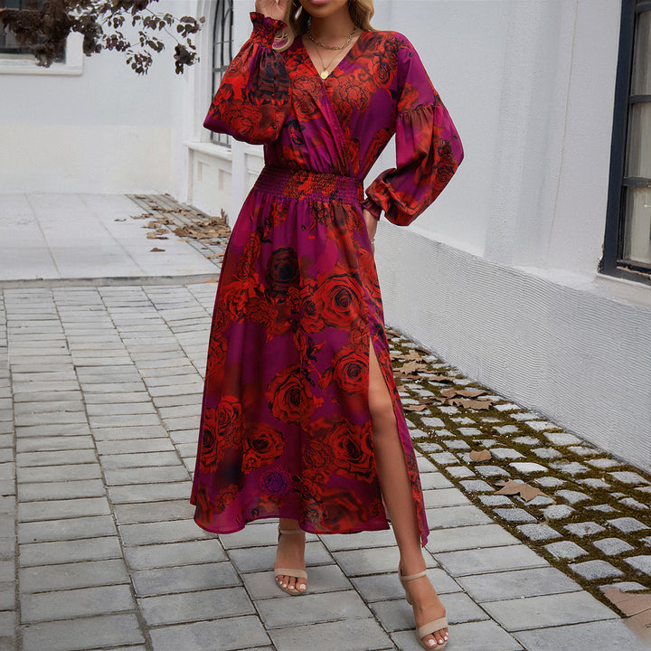 Ladies' wrap midi dress with V-neck, balloon sleeves, and flattering belt Mune Fashion