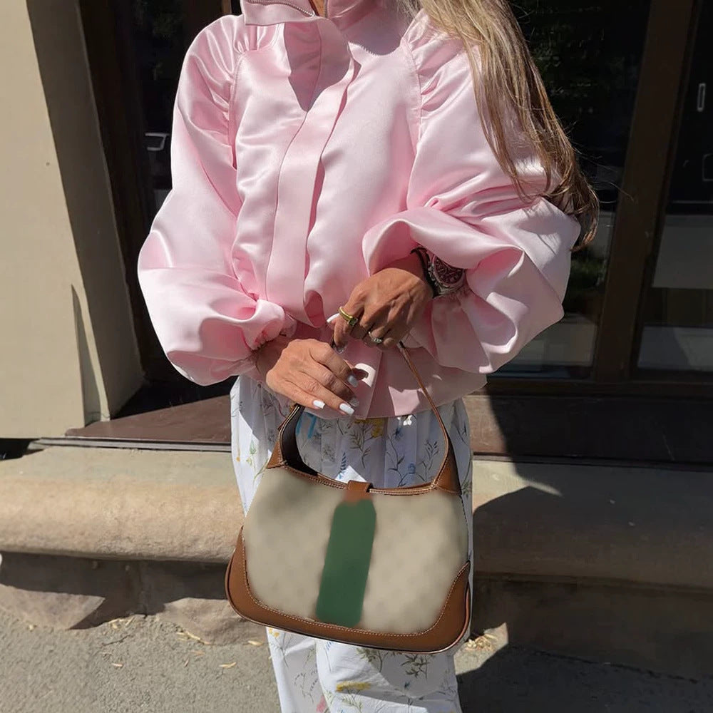 Women's satin blouse jacket with voluminous balloon sleeves, stand-up collar and fitted placket Mune Fashion