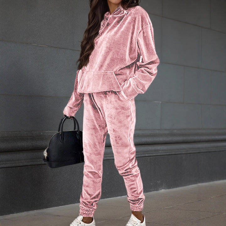 Women's Velvet Tracksuit with Hooded Hoodie, Kangaroo Pocket and Elastic Cuff Pants Mune Fashion