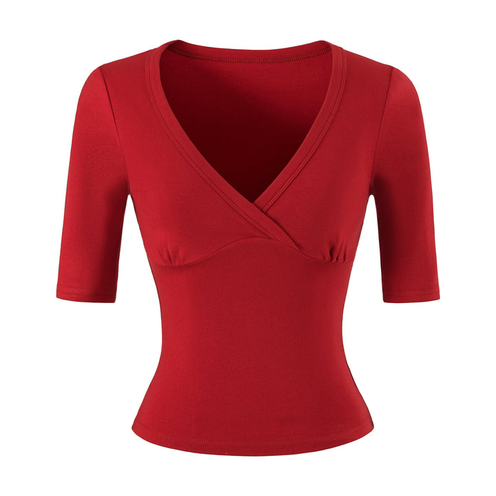 Women's body-hugging wrap shirt with deep V-neck, three-quarter sleeves, and waist accentuation Mune Fashion