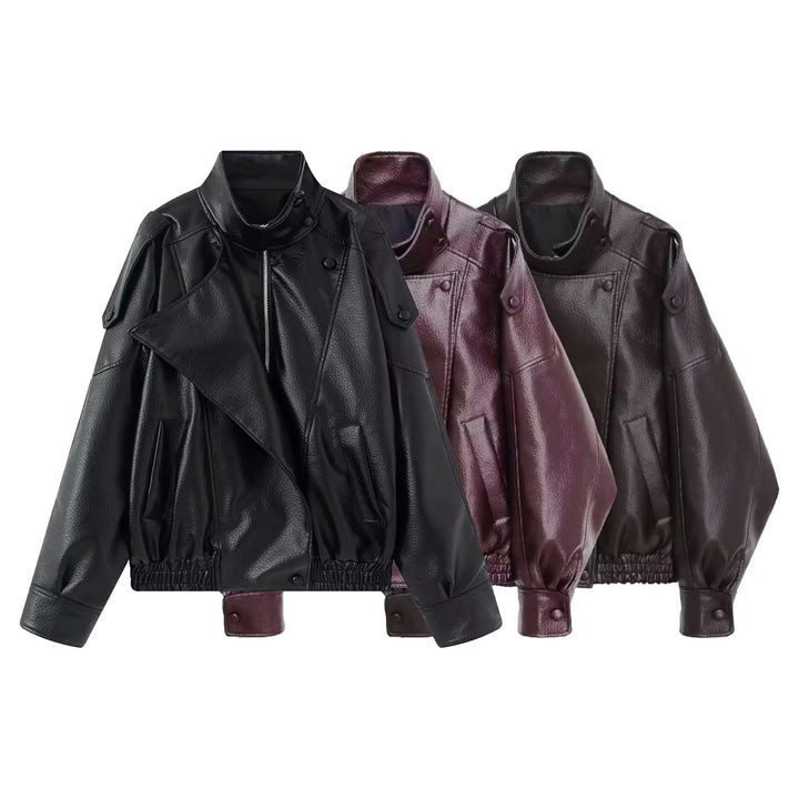 Women's nano asymmetric oversized faux leather jacket with stand-up collar, shoulder epaulettes and drawstring hem Mune Fashion