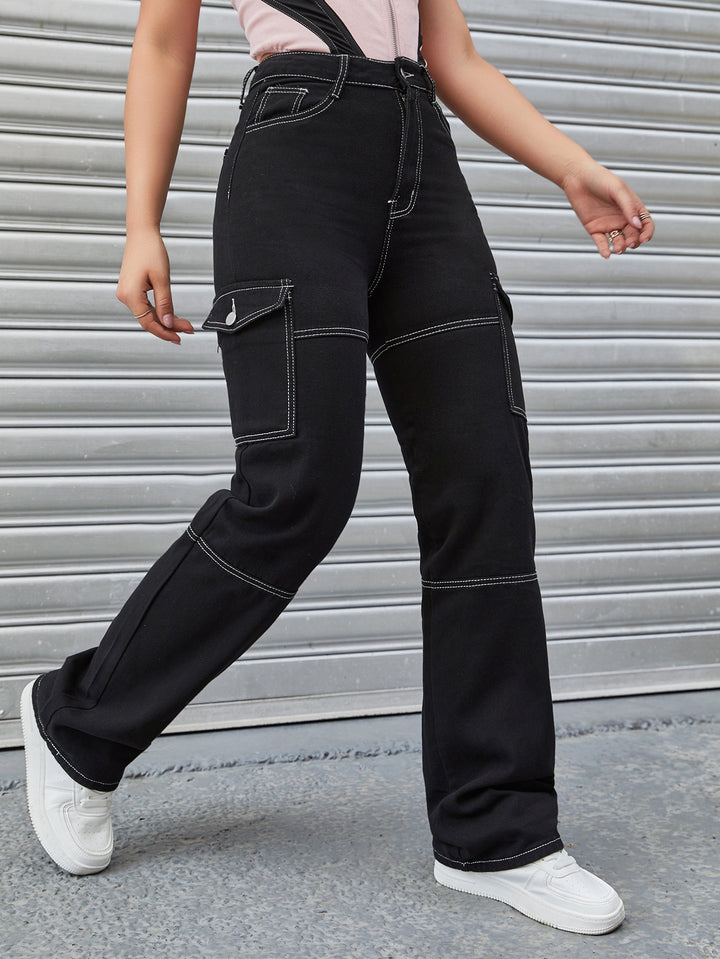 Women's High-Waisted Cargo Pants with Contrast Stitching and Straight Leg Mune Fashion