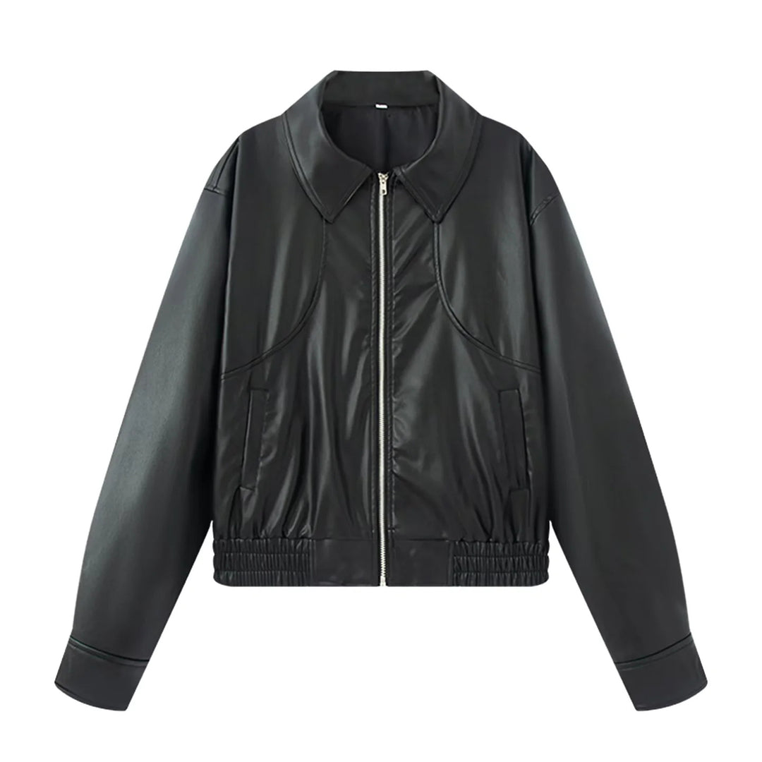 Women's Oversize Faux Leather Bomber Jacket with Shirt Collar, Contrasting Material Look and Elastic Hem Mune Fashion