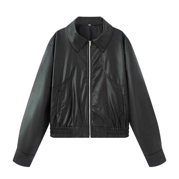 Women's Oversize Faux Leather Bomber Jacket with Shirt Collar, Contrasting Material Look and Elastic Hem Mune Fashion