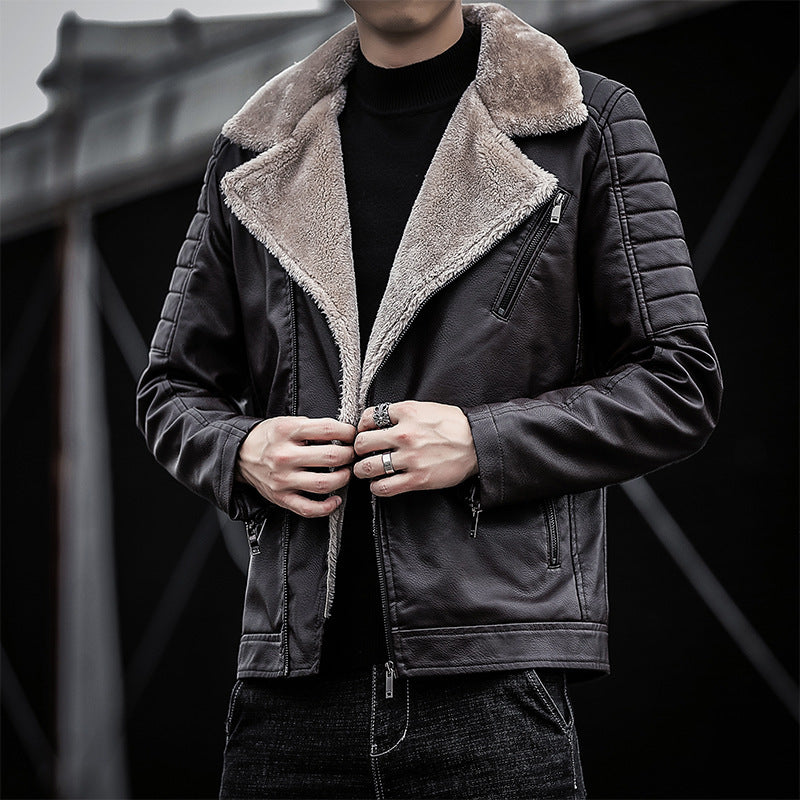 Men's Faux Leather Biker Jacket with Teddy Fur Lining and Quilted Sleeve Detail Mune Fashion