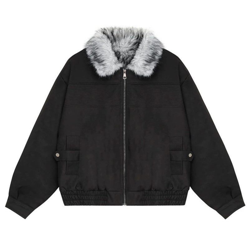 Women's Cropped Bomber Jacket with Faux Fur Collar, Zipper and Elastic Hem Mune Fashion