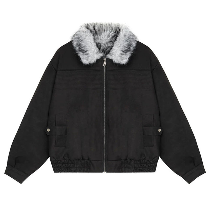 Women's Cropped Bomber Jacket with Faux Fur Collar, Zipper and Elastic Hem Mune Fashion