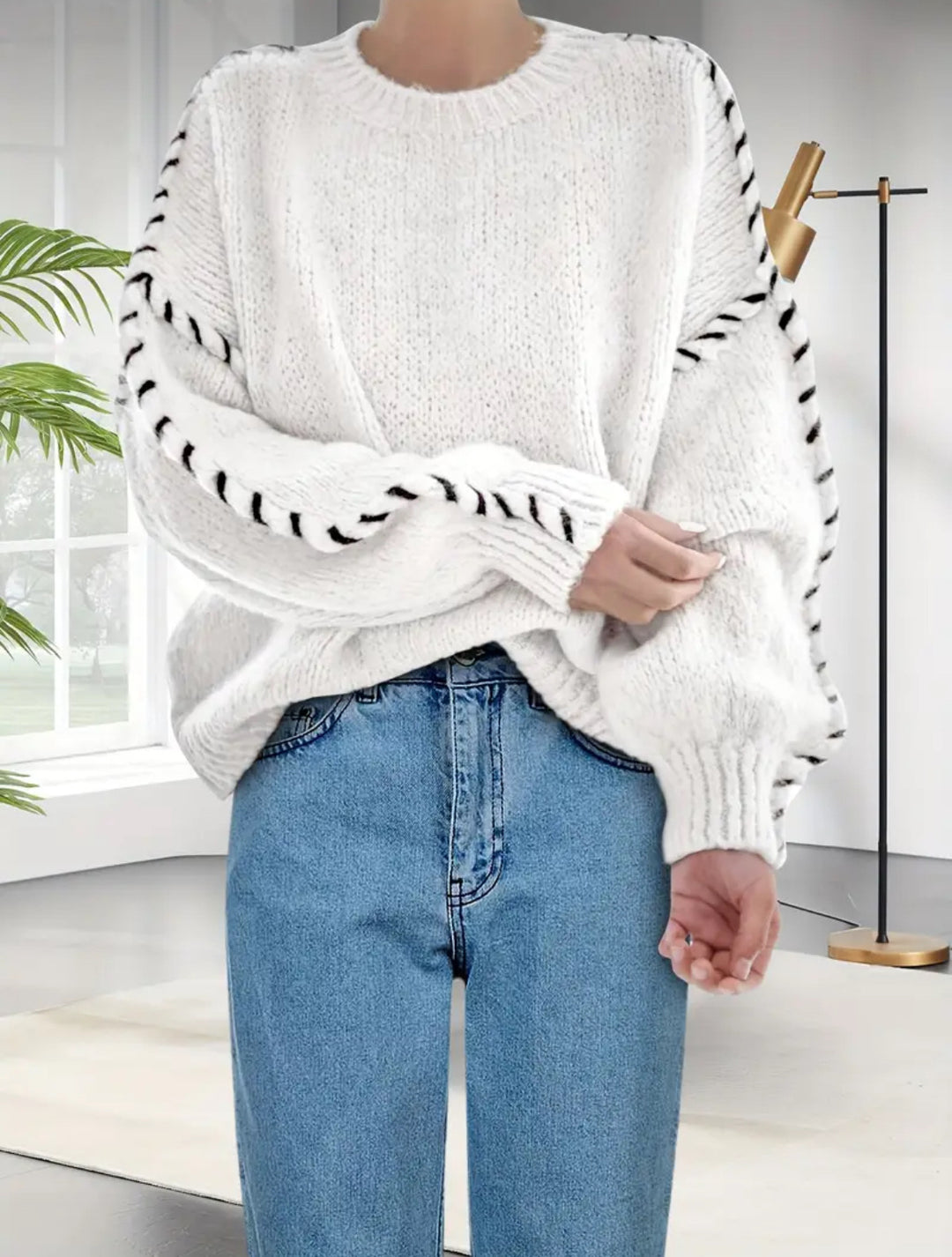 Women's Oversize Knit Sweater with Decorative Cord Braid on Sleeves Mune Fashion