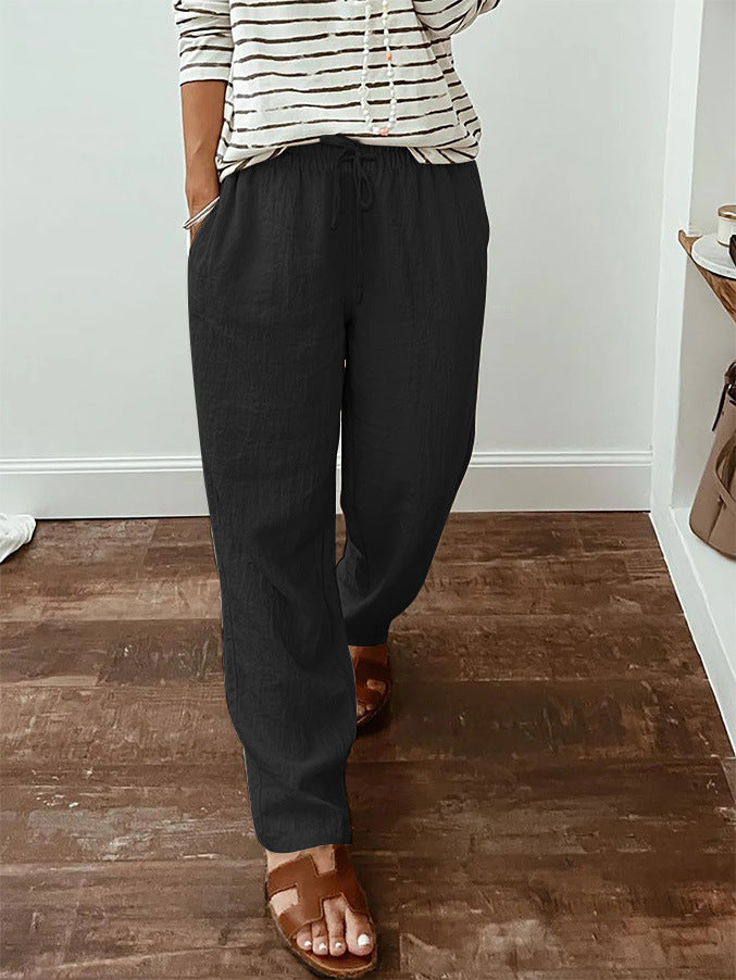 Women's lightweight linen look pants with elastic drawstring, front pockets and wide leg Mune Fashion