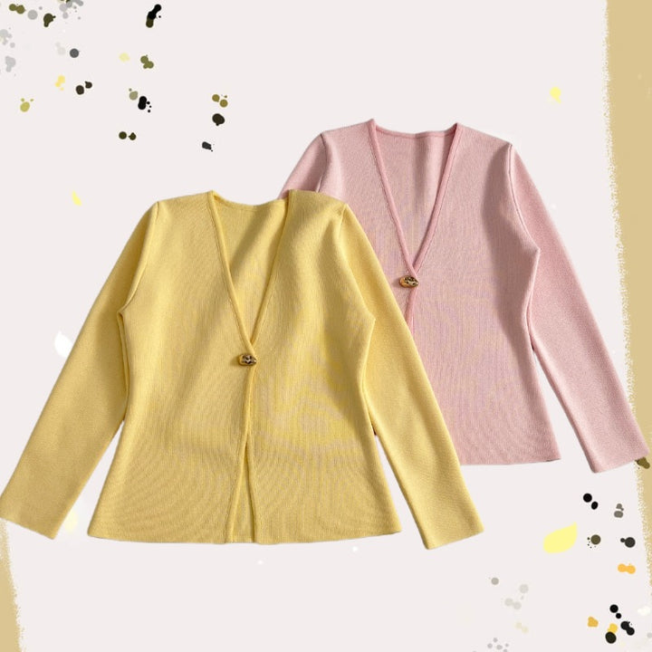 Ladies Fine V-Neck Cardigan with Decorative Button and Boxy Silhouette Mune Fashion