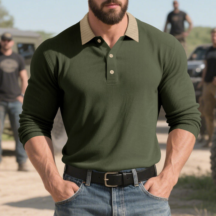 Men's ribbed long-sleeve polo with Kent collar and concealed button placket Mune Fashion