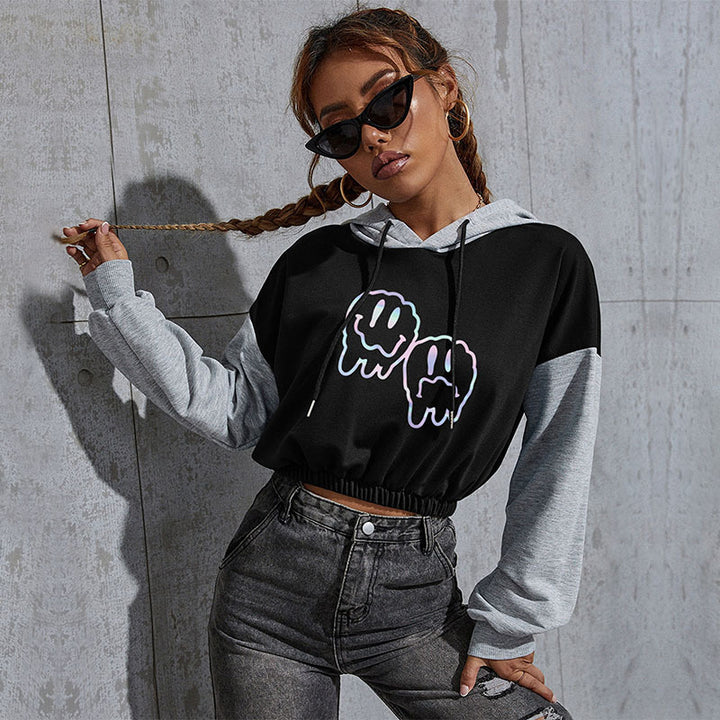 Women's Cropped Hoodie with Contrast Sleeves, Elastic Hem and Melting Smiley Print