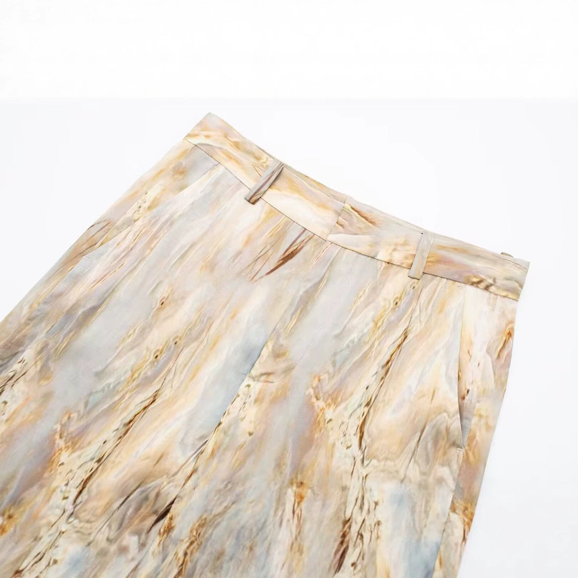 Women Wide Highwaist Pants with Marble Print and Crease Mune Fashion