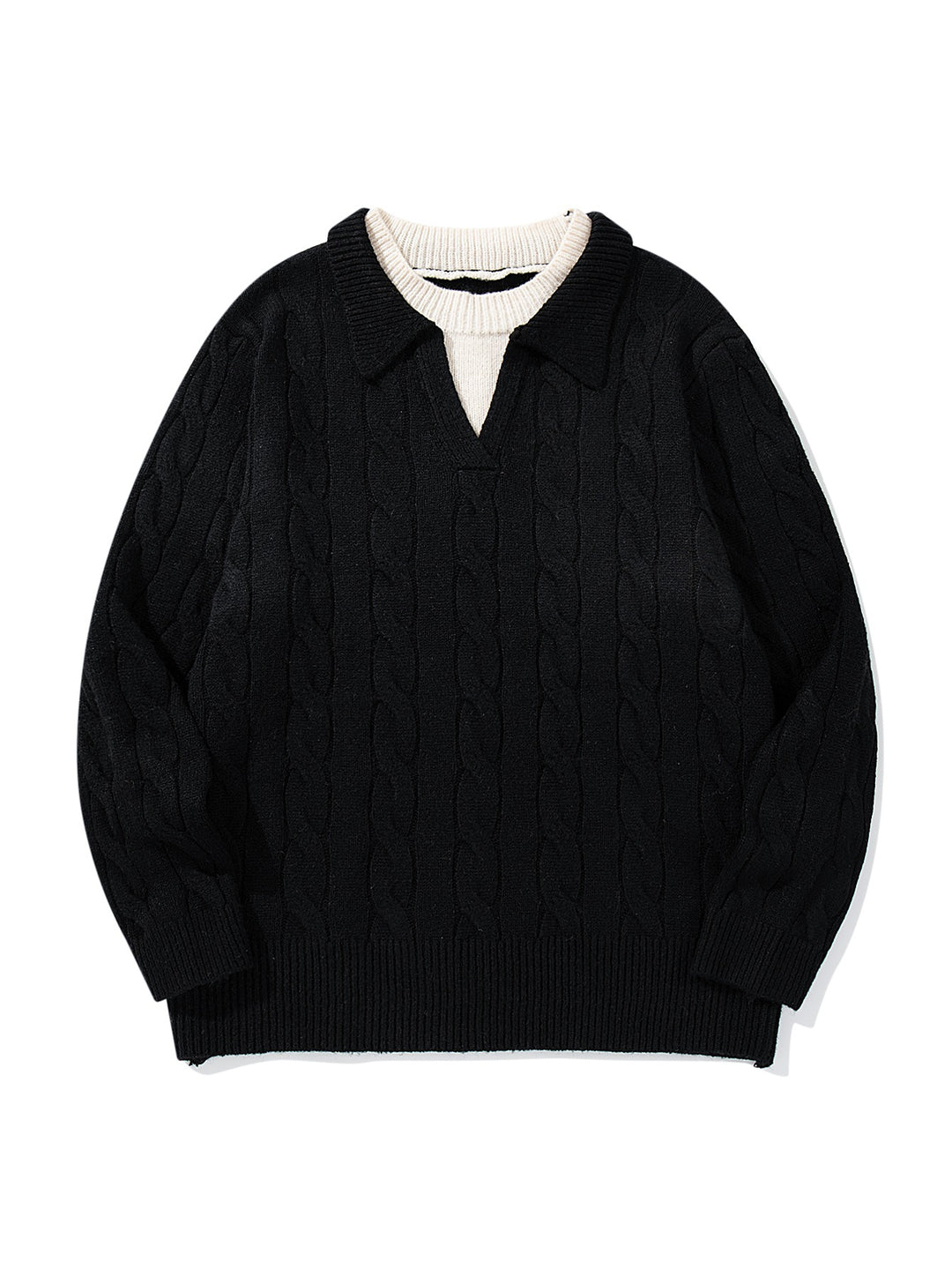 Unisex Structured Cable Knit Sweater with Polo Collar and Deep V-neck Mune Fashion