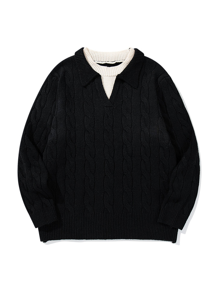 Unisex Structured Cable Knit Sweater with Polo Collar and Deep V-neck Mune Fashion