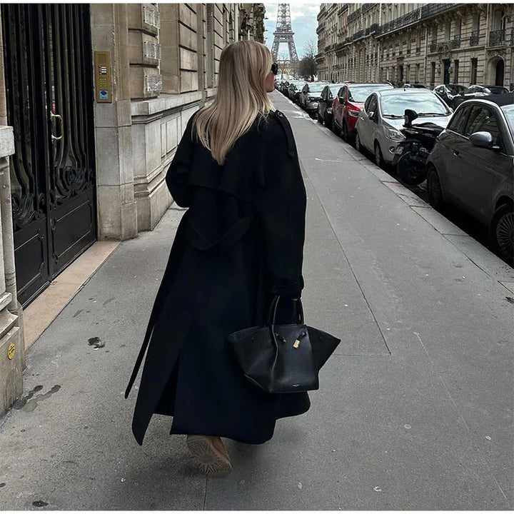 Women long oversized wool coat with wide lapels and belt Mune Fashion